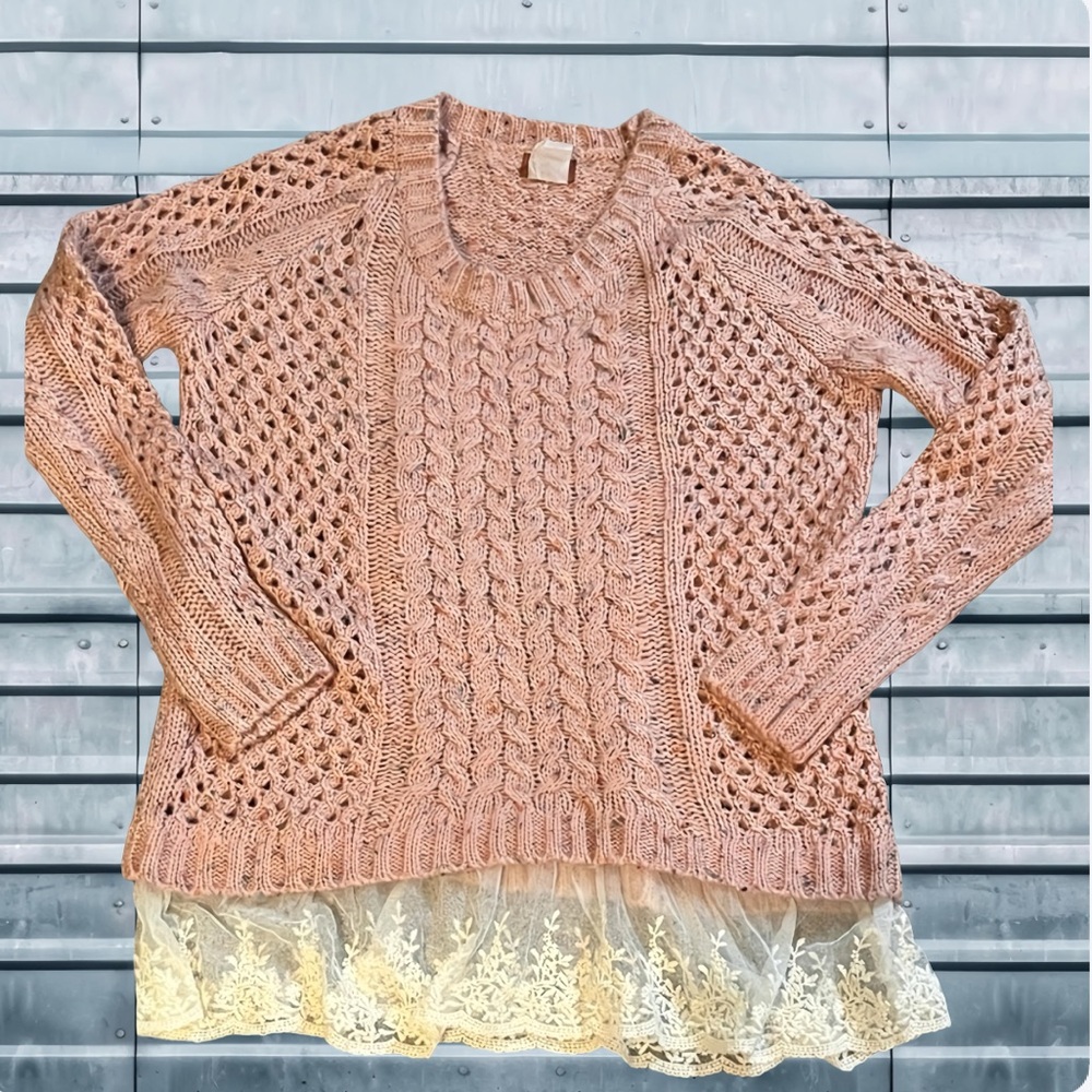 NWOT POL Pink Cable Knit Sweater with Lace Hem